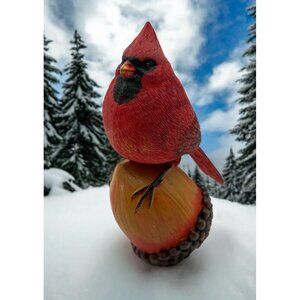Cardinal Bird Perched on Acorn Winter Figurine Nature Rustic Christmas Decor